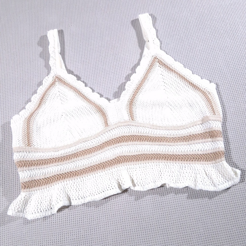 Madden NYC Womens XXL White Tan Striped Crochet Crop Top Ruffle Hem Hippie
